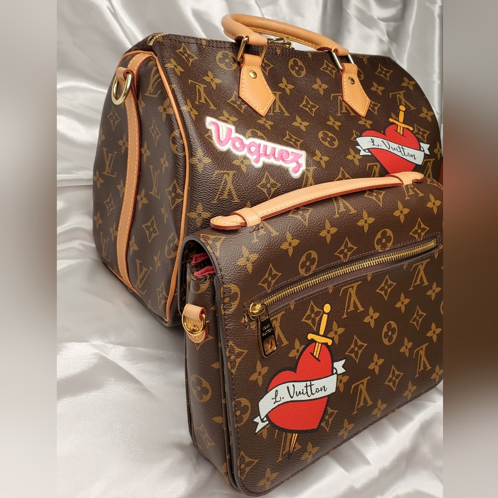 Louis Vuitton Brown and Red Satchel with Monogram and Patches - Picture 6 of 7
